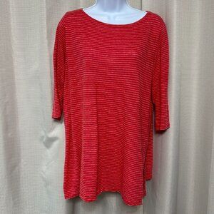 Eileen Fisher Pullover Half Sleeve Linen Tunic Top Women's Sz M Red White Stripe